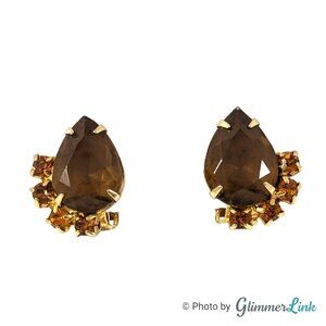 Vintage Brown Teardrop Orange Rhinestone Gold Tone Clip On Earrings